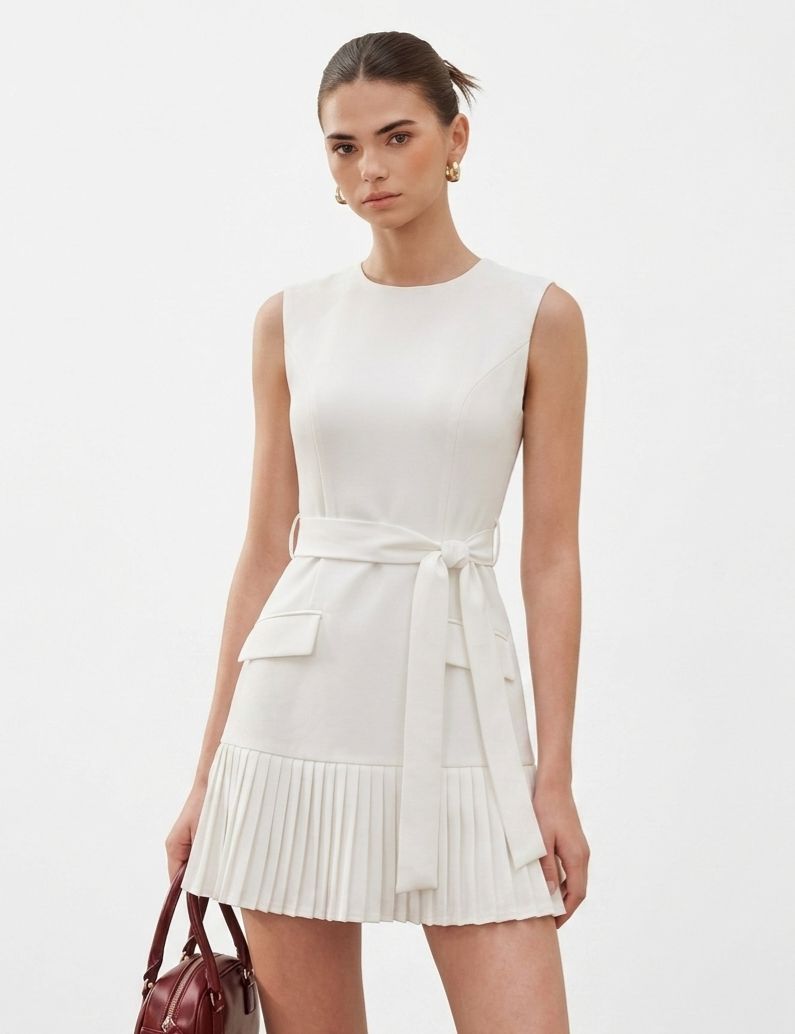 SLEEVELESS BELTED PLEATED HEM MINI 108024
