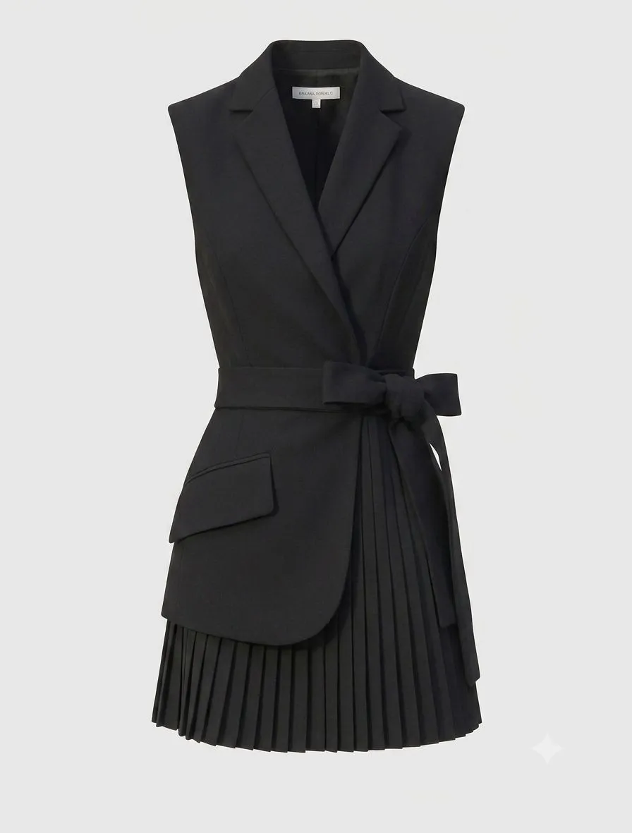 BELTED PLEATED SLEEVELESS BLAZER DESS 111061