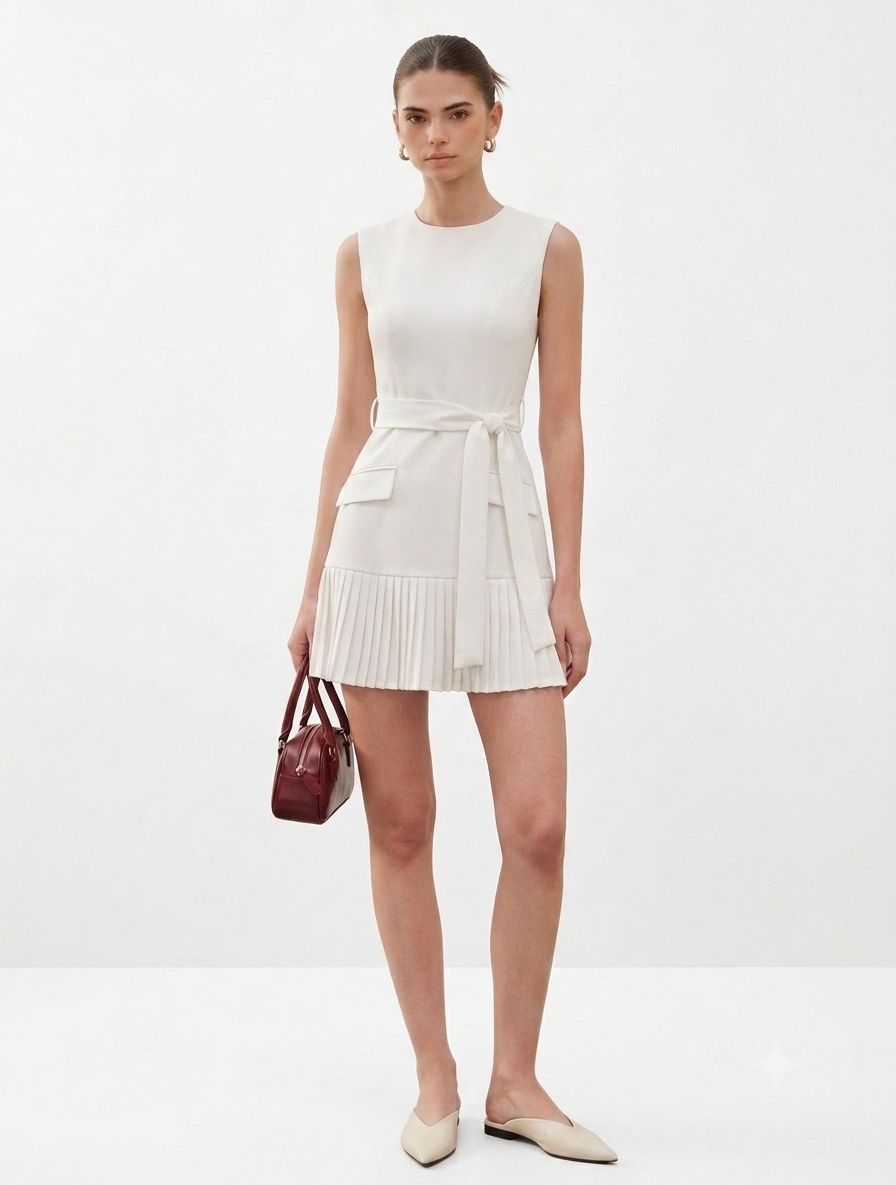 SLEEVELESS BELTED PLEATED HEM MINI 108024