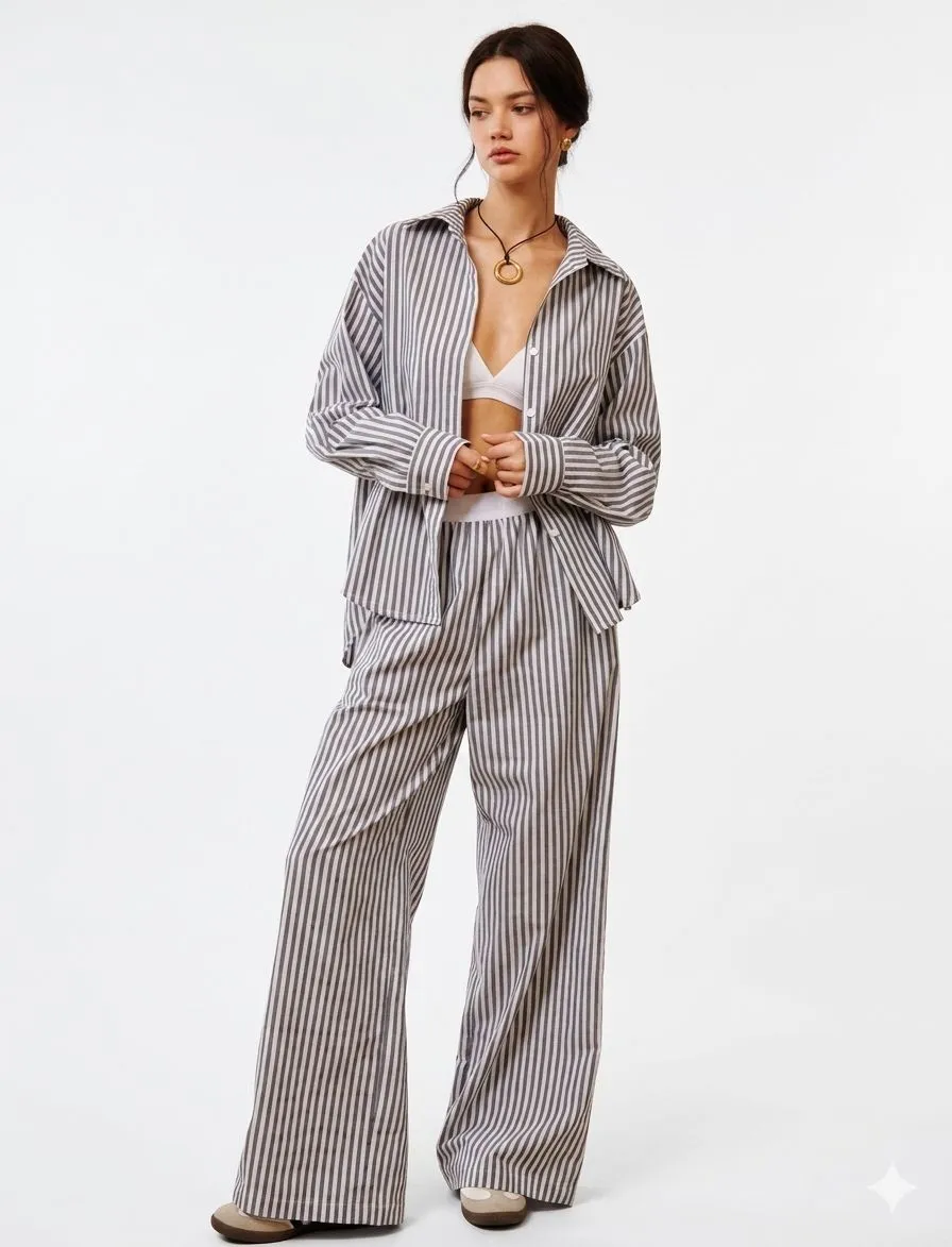 PINSTRIPE CONTRAST BINDING WIDE LEG PANTS 726078