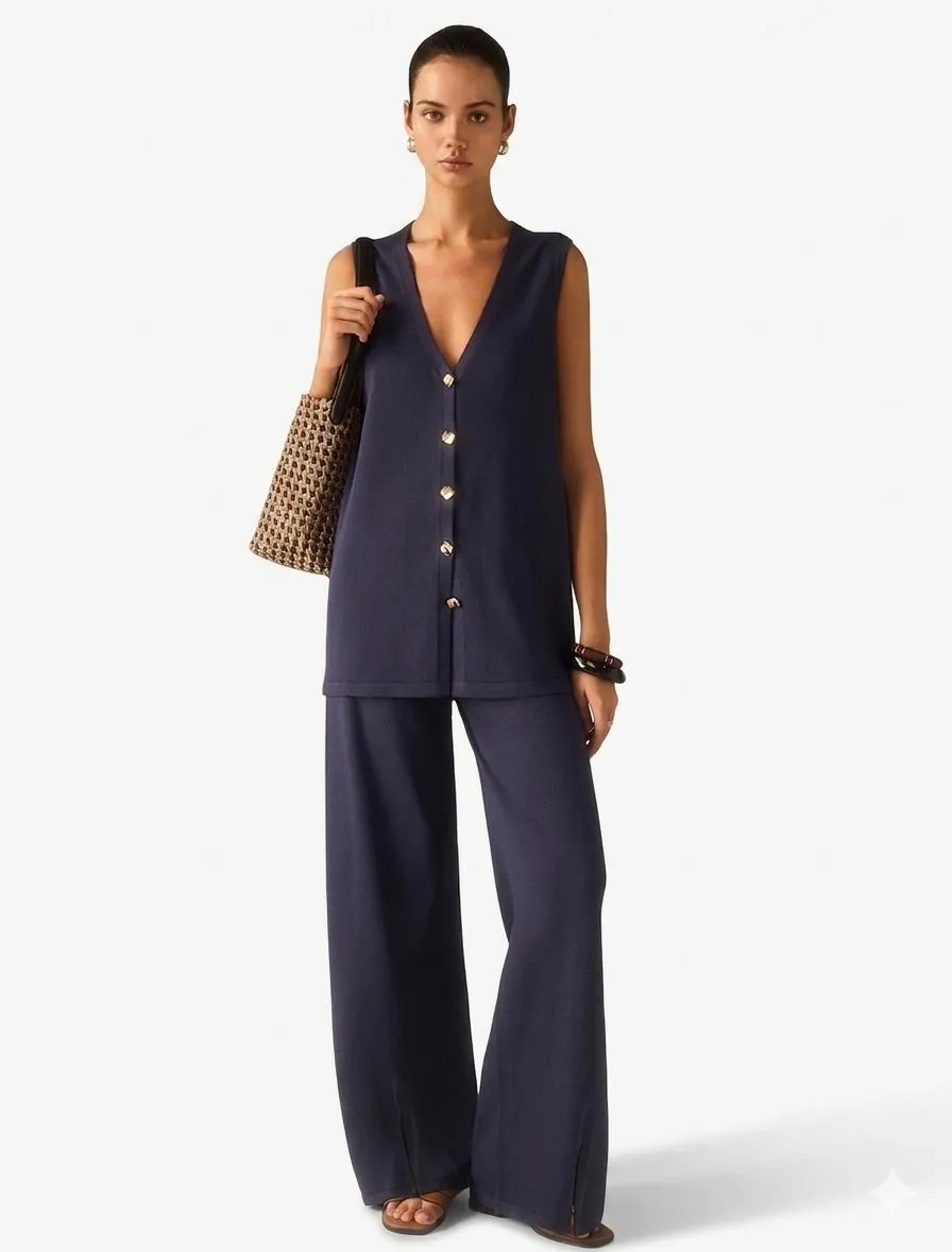 GOLDEN BUTTON KNIT VEST PANTS SET 423022