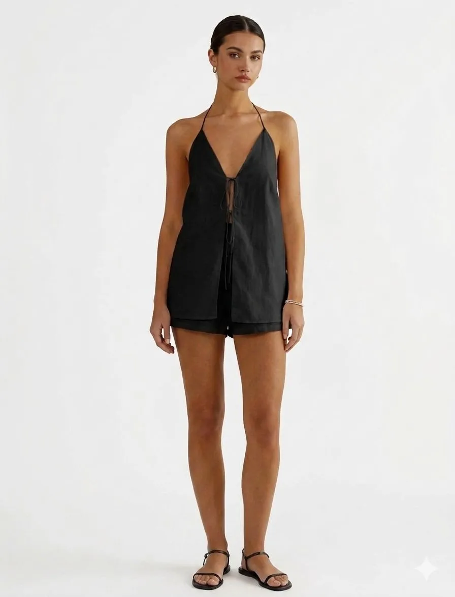 COTTON & LINEN BACKLESS HALTER TOP WITH SHORTS SET 401009