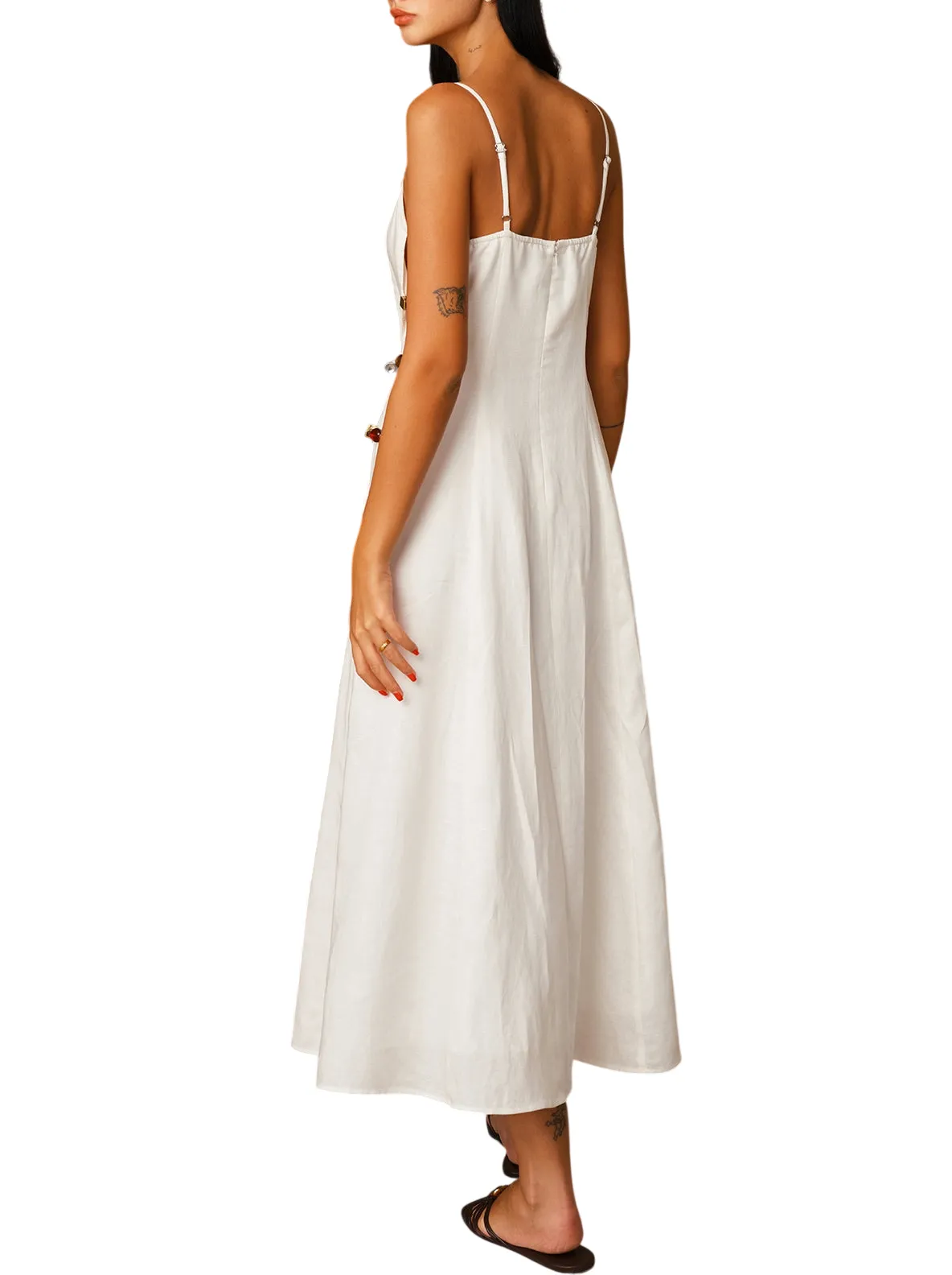 LINEN-BLEND AMBER DETAIL CAMI MIDI DRESS