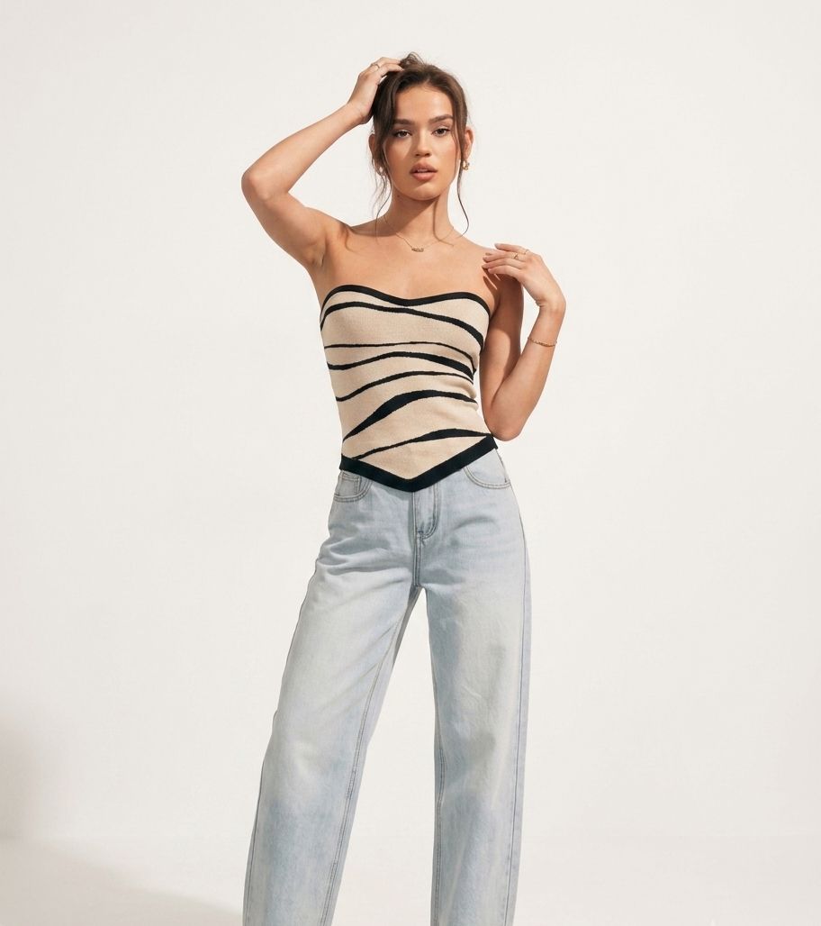 TWO-TONE WAVES TUBE KNIT TOP 411065