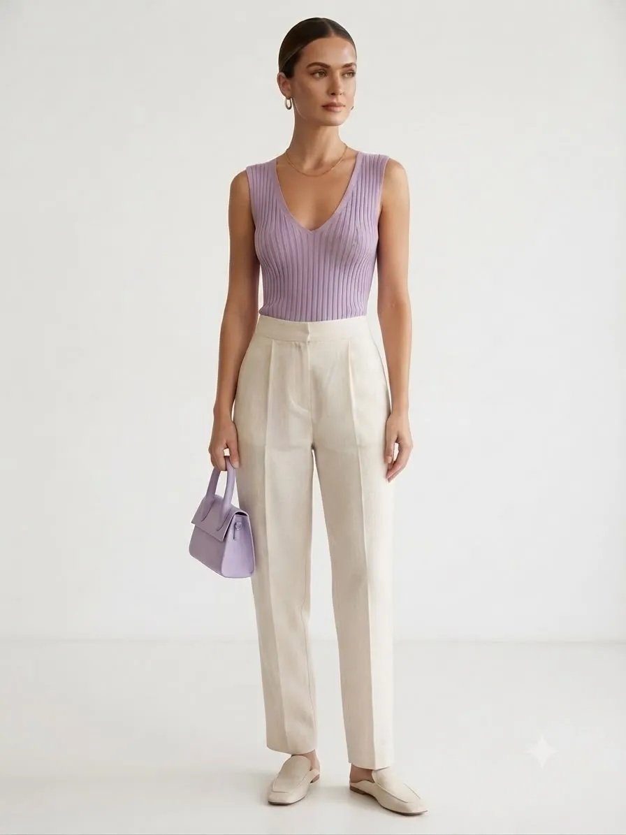 ZARA LILAC RIBBED V-NECK TOP 29040