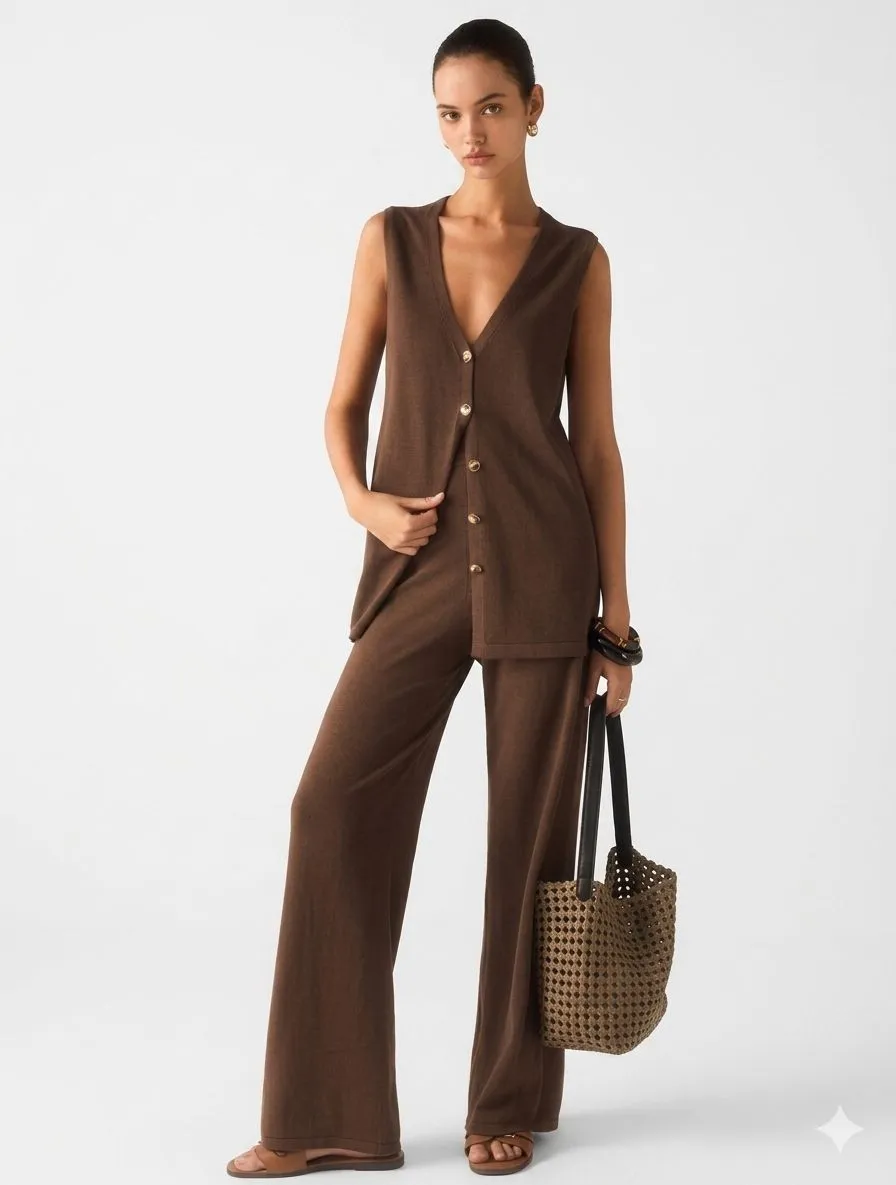 GOLDEN BUTTON KNIT VEST PANTS SET 423022