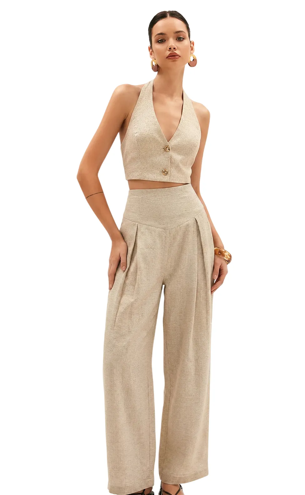 LINEN BLEND HALTER CROP TOP & PANTS SET 