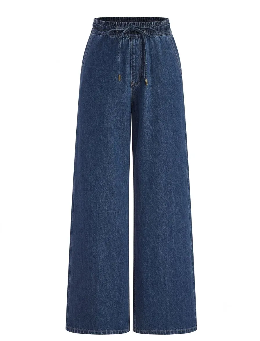 DENIM DRAWSTRING WAIST WIDE-LEG PANTS 715079