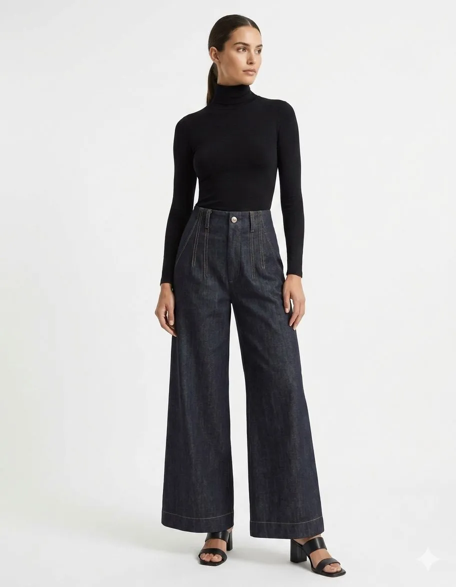 CONTRAST STITCH HIGH-WAISTED WIDE-LEG JEANS 112073