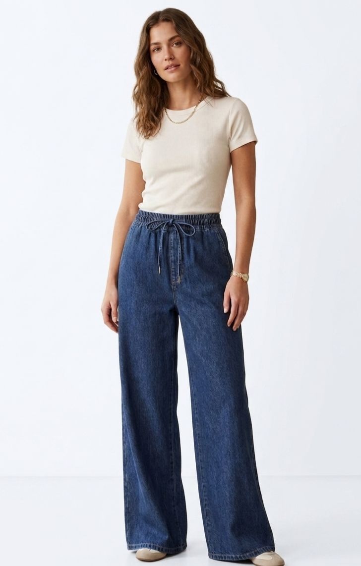 DENIM DRAWSTRING WAIST WIDE-LEG PANTS 715079