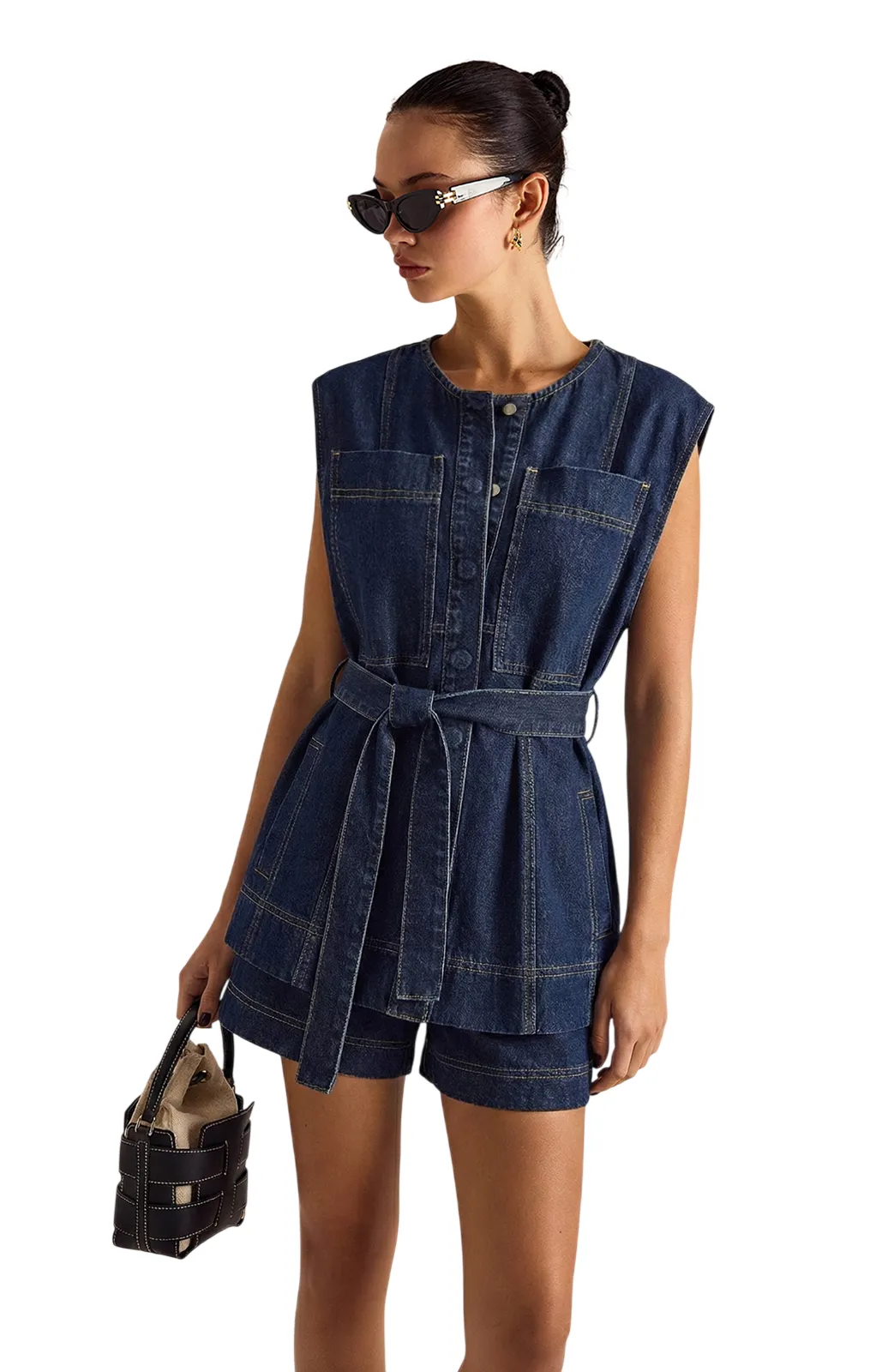 BELTED DENIM SLEEVELESS VEST & SHORTS SET
