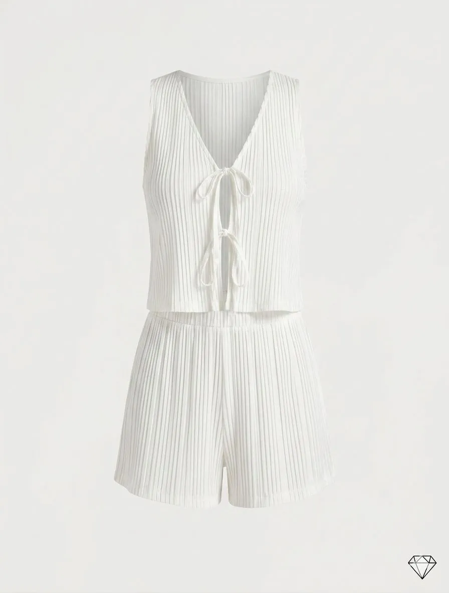 SOLID TIE FRONT VEST WITH SHORTS SET 513076