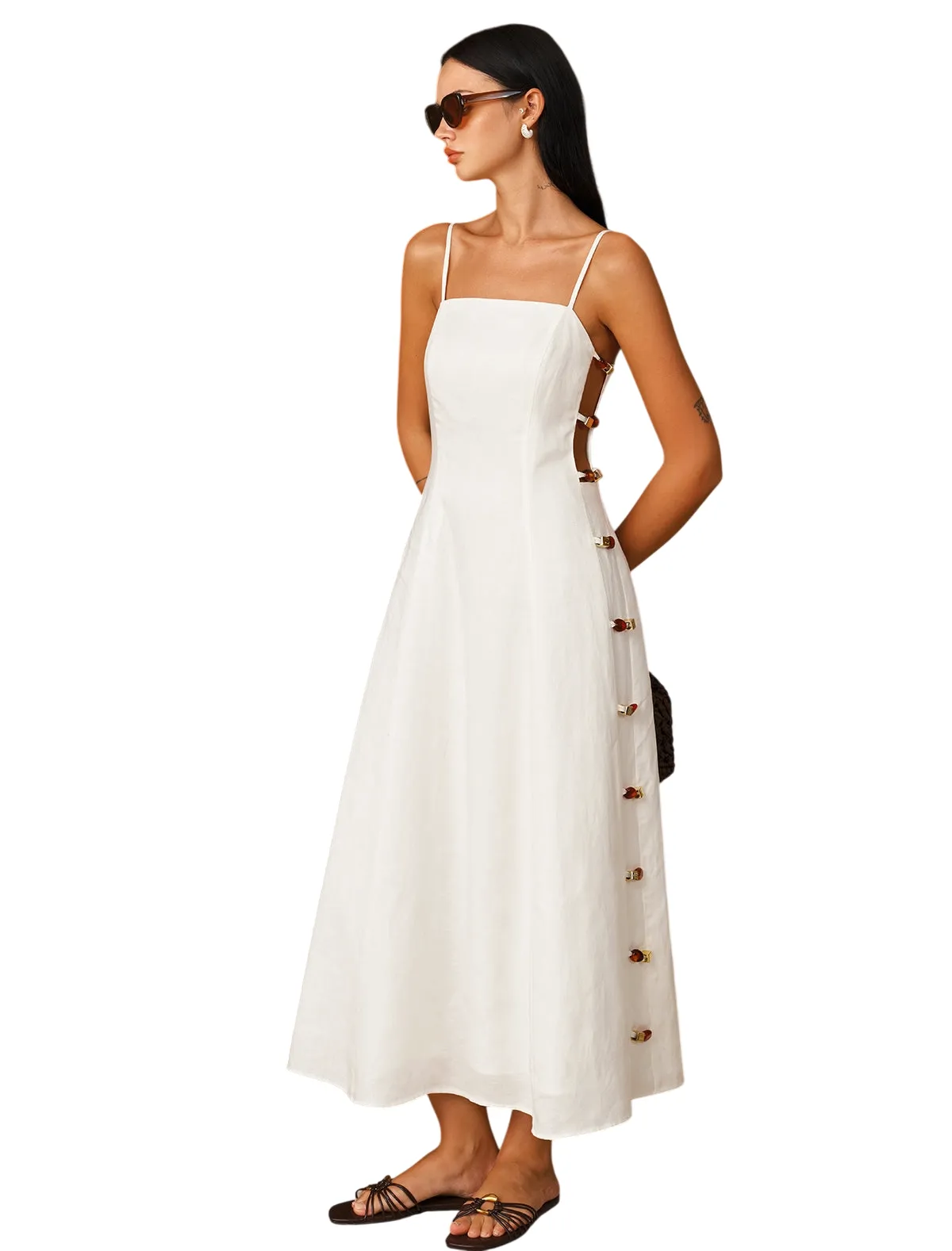 LINEN-BLEND AMBER DETAIL CAMI MIDI DRESS