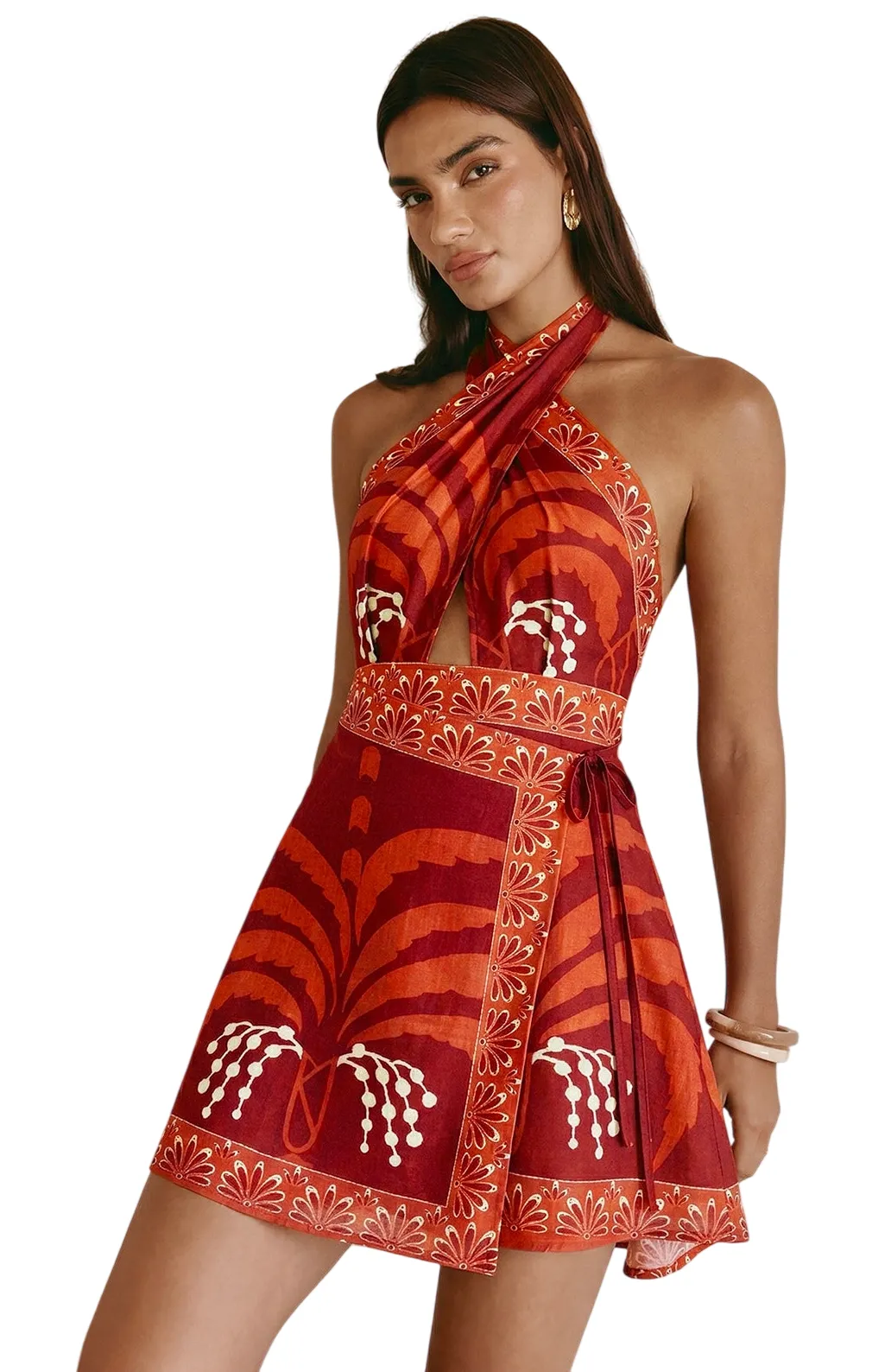 TROPICAL PRINT HALTER WRAP MINI DRESS 