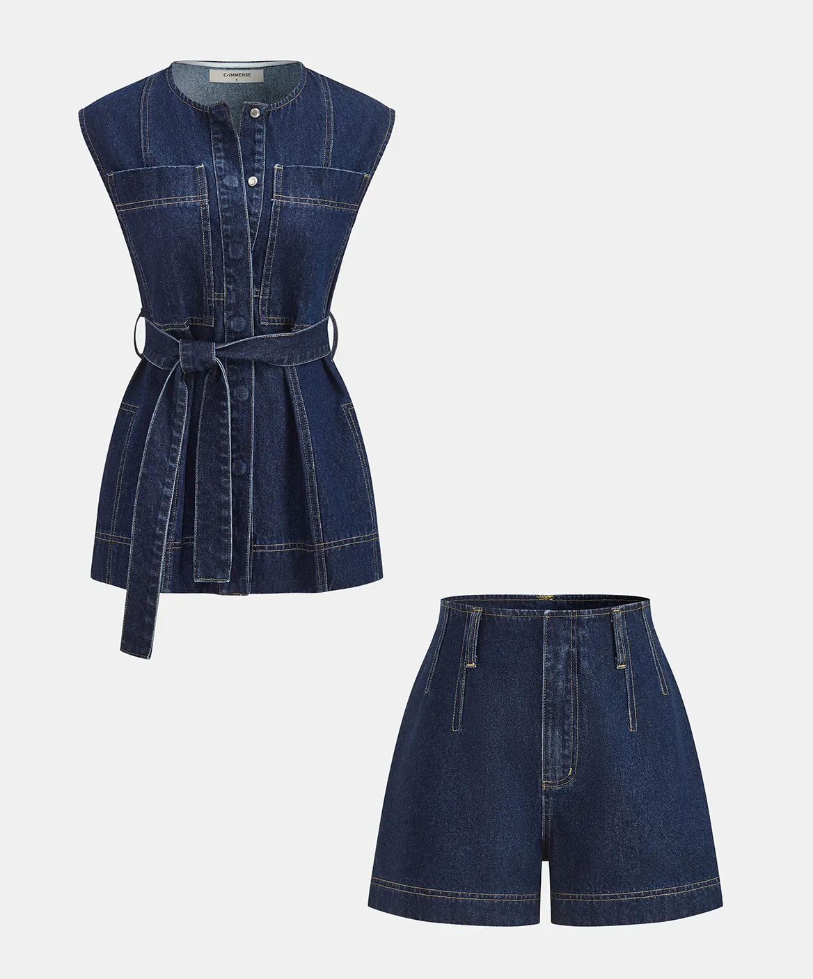BELTED DENIM SLEEVELESS VEST & SHORTS SET
