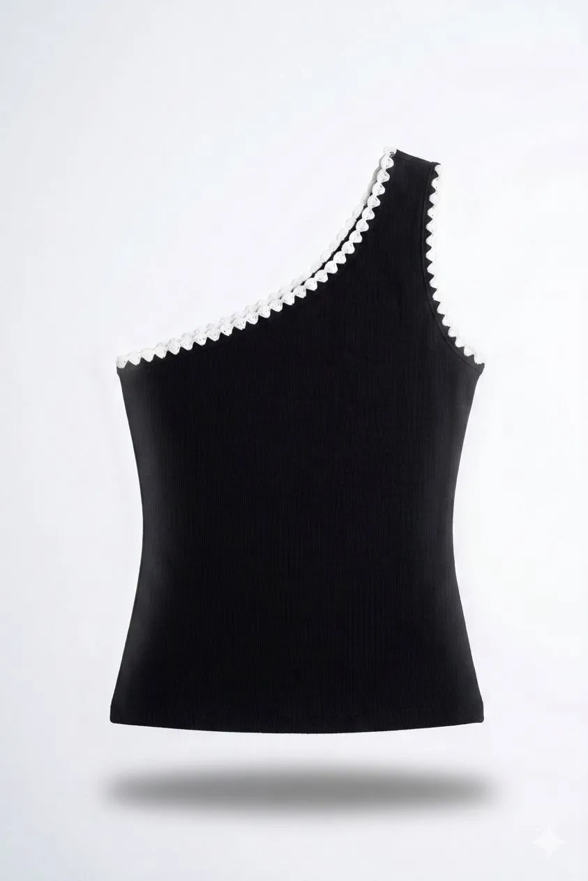 CONTRAST TRIM ONE SHOULDER OFF TANK TOP 315053
