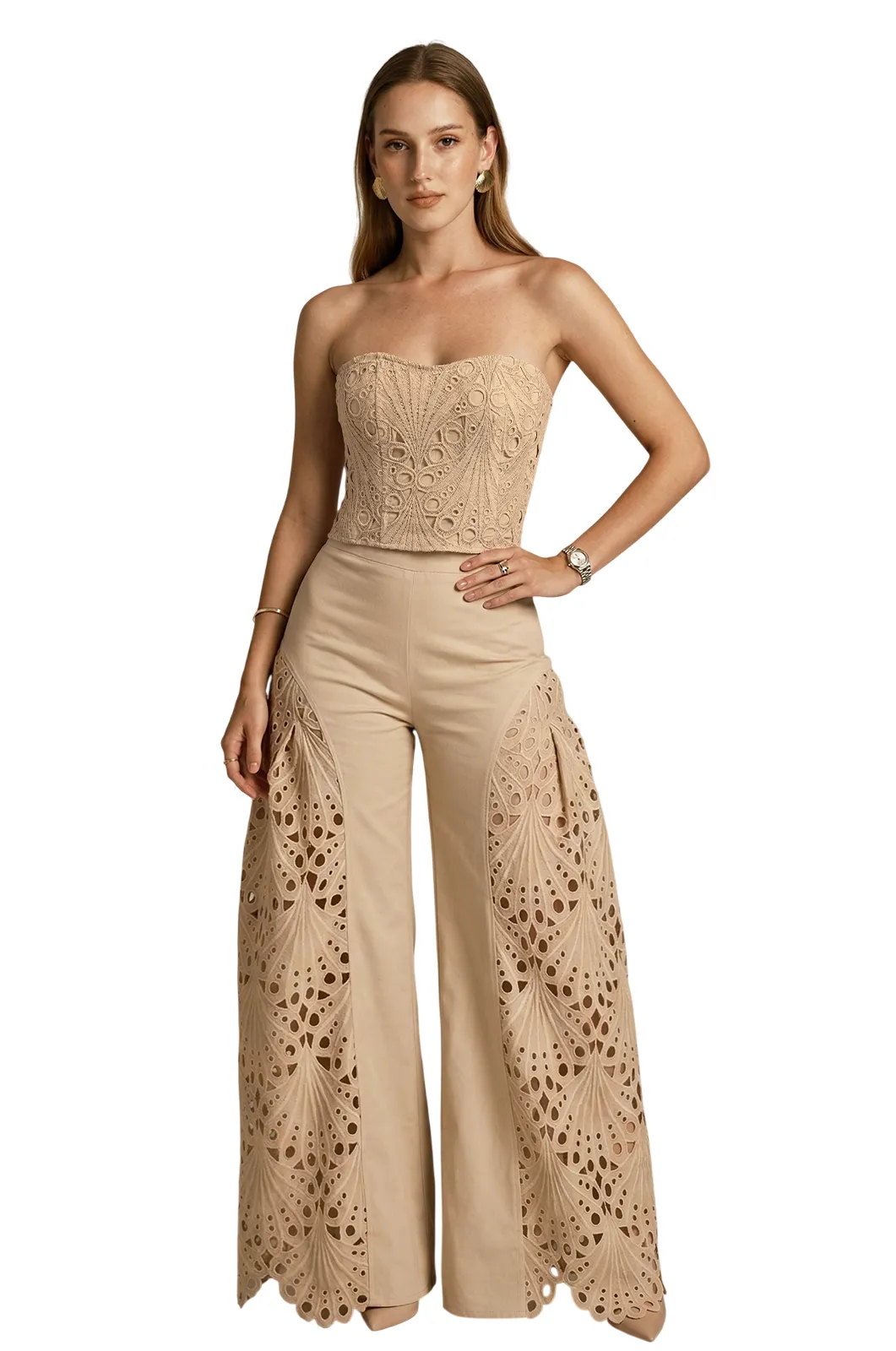 STRAPLESS EYELET TOP & WIDE LEG PANTS SET
