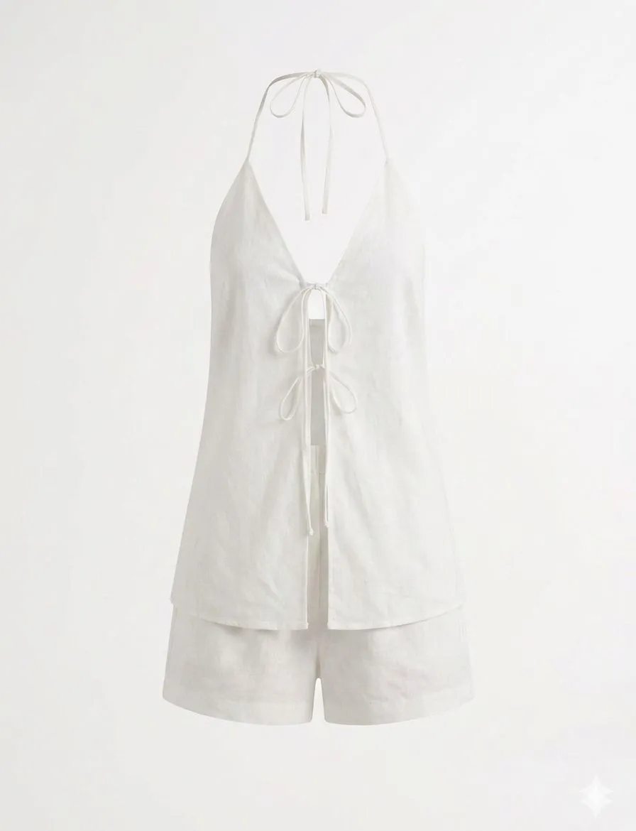 COTTON & LINEN BACKLESS HALTER TOP WITH SHORTS SET 401009