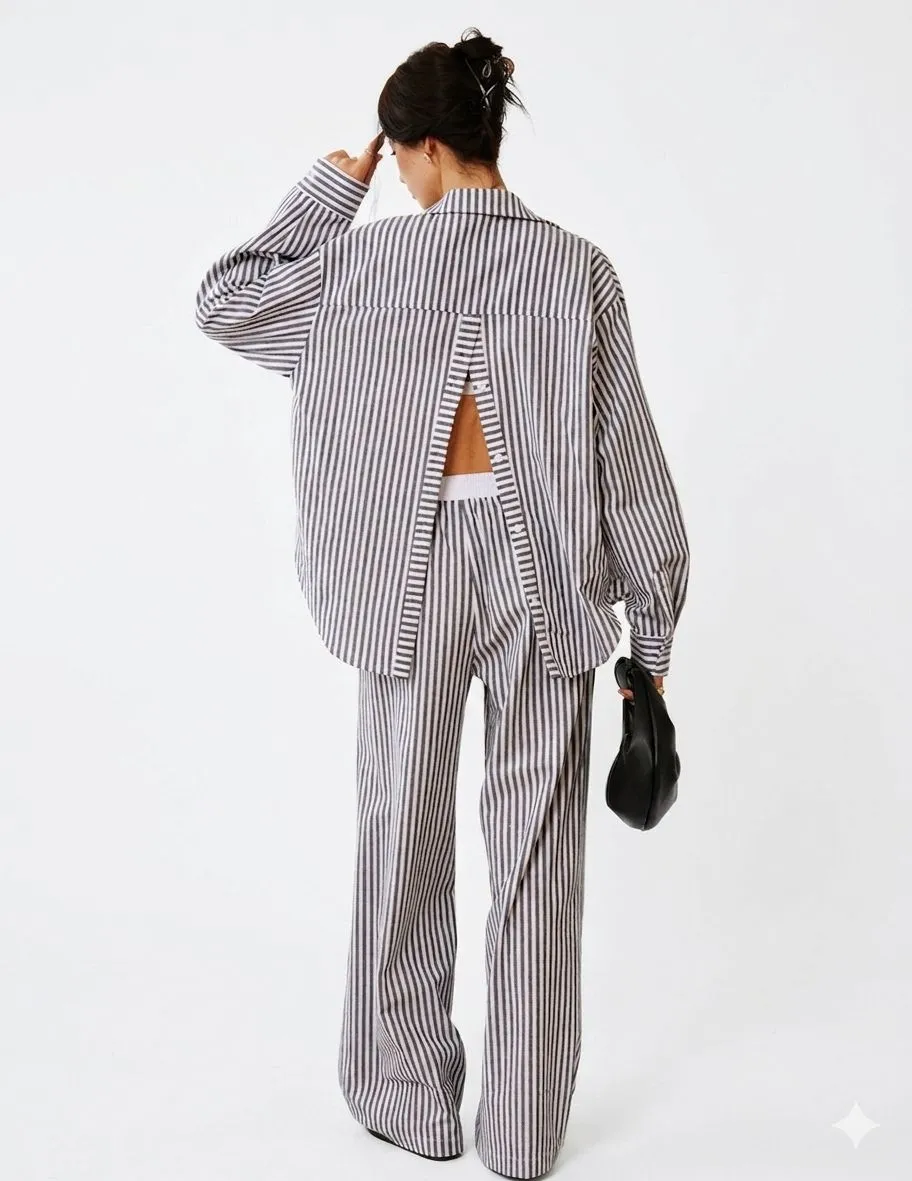 COTTON & LINEN PINSTRIPE LOOSE SHIRT 726077