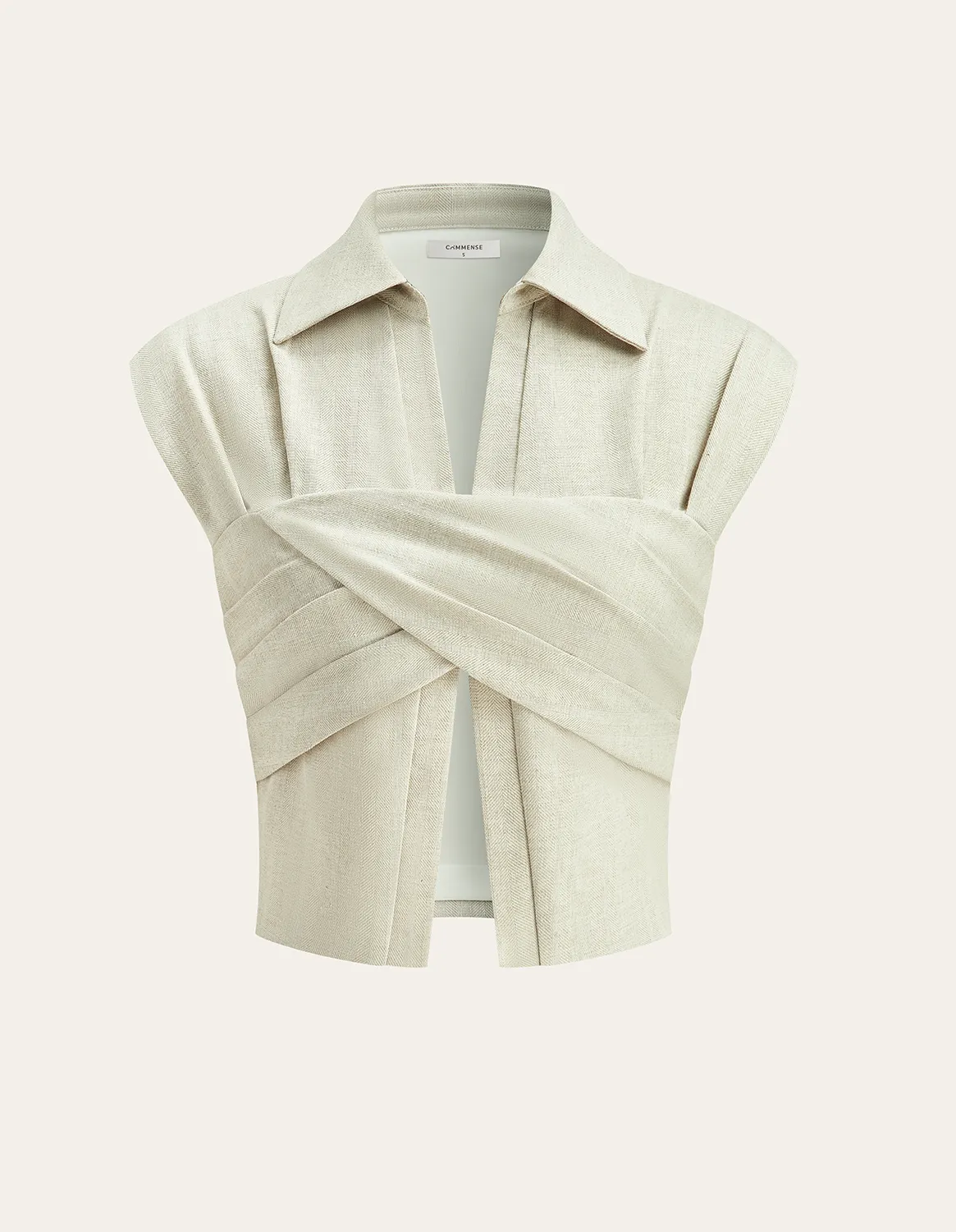 LINEN BLEND CROPPED BLOUSE WITH CROSS WRAP DETAIL 428037