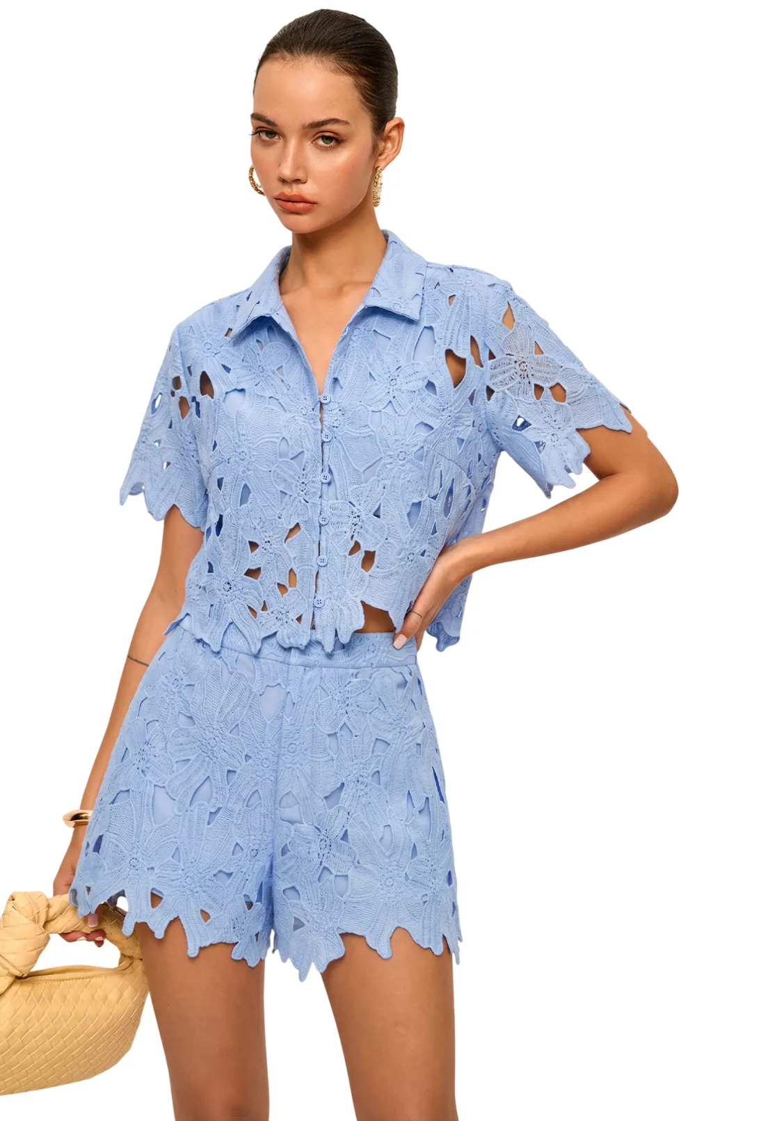 FLORAL LACE CROPPED SHIRT & SHORTS SET