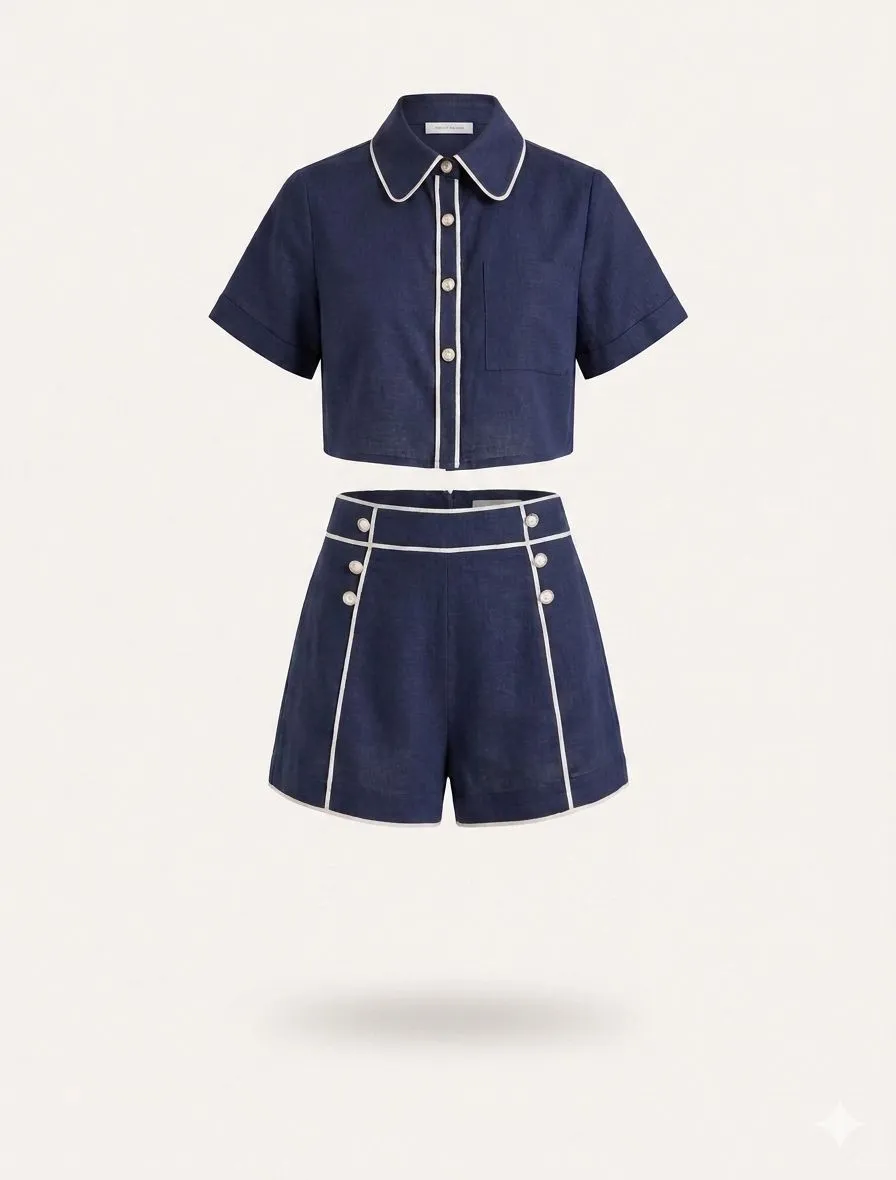 CONTRAST PIPING CROP SHIRT AND SHORTS SET 520071