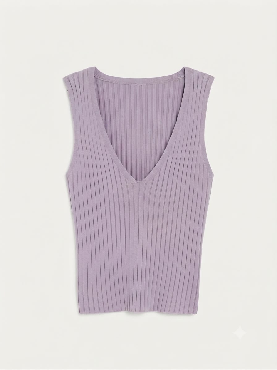 ZARA LILAC RIBBED V-NECK TOP 29040
