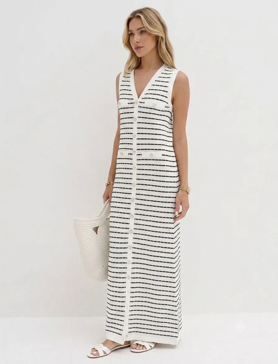 STRIPED METAL BUTTON LONG SWEATER  422073