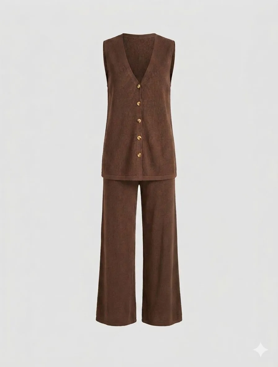 GOLDEN BUTTON KNIT VEST PANTS SET 423022