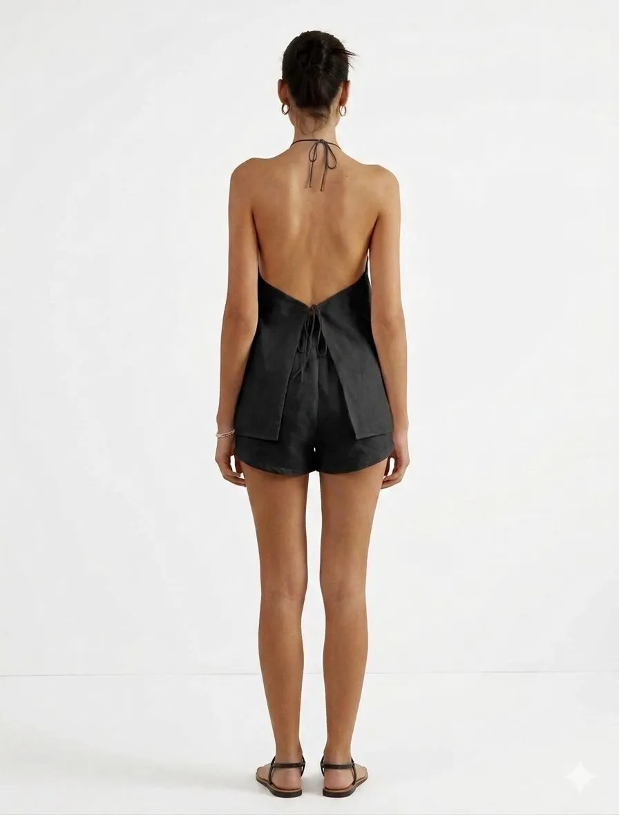 COTTON & LINEN BACKLESS HALTER TOP WITH SHORTS SET 401009