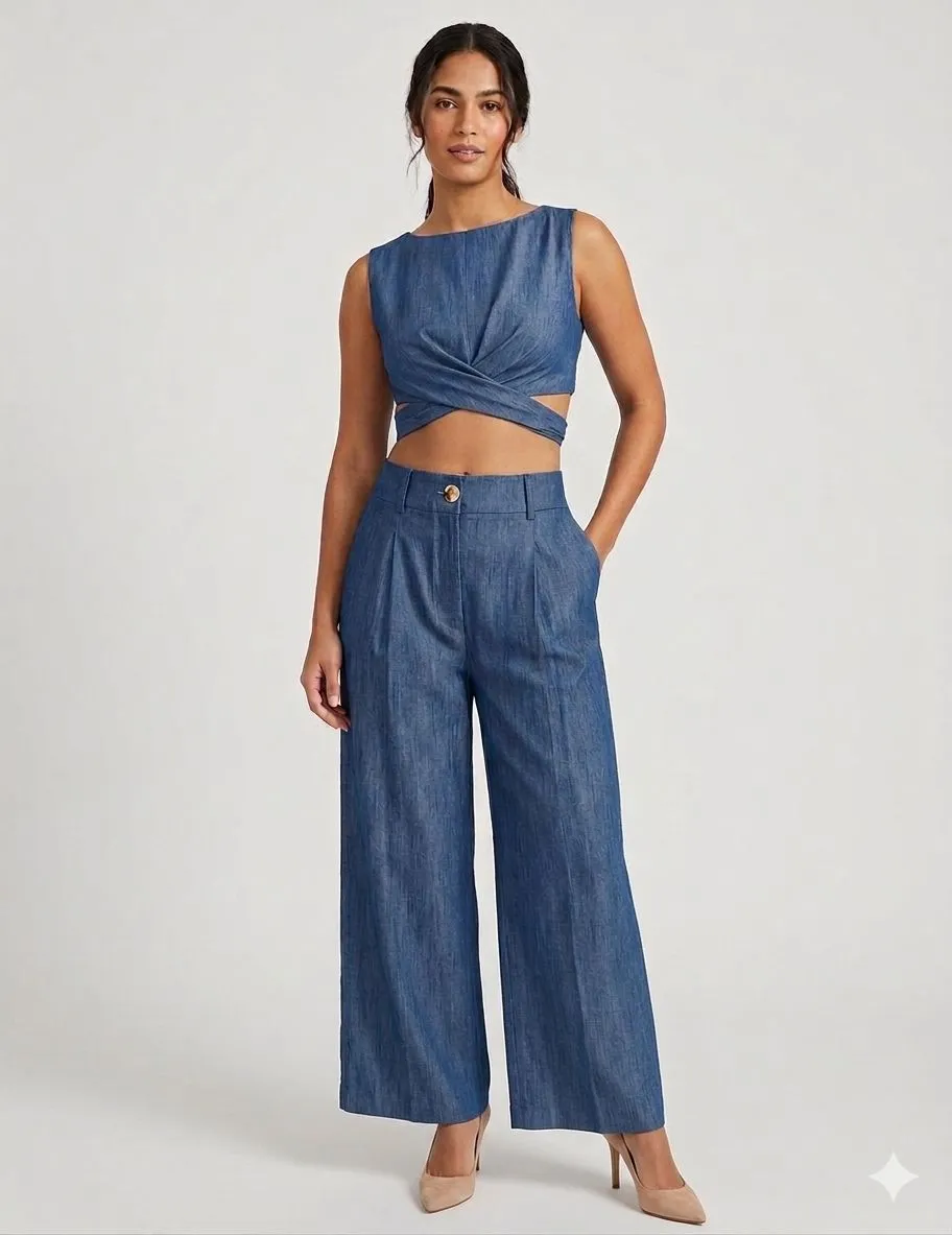 CROSS-TIE CROP TOP & WIDE-LEG PANTS SET 208030