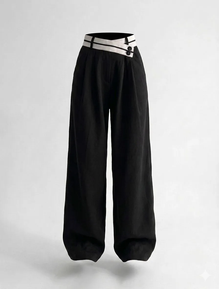 ASYMMETRICAL CONTRAST WAISTBAND WIDE LEG DRESS PANTS 227013