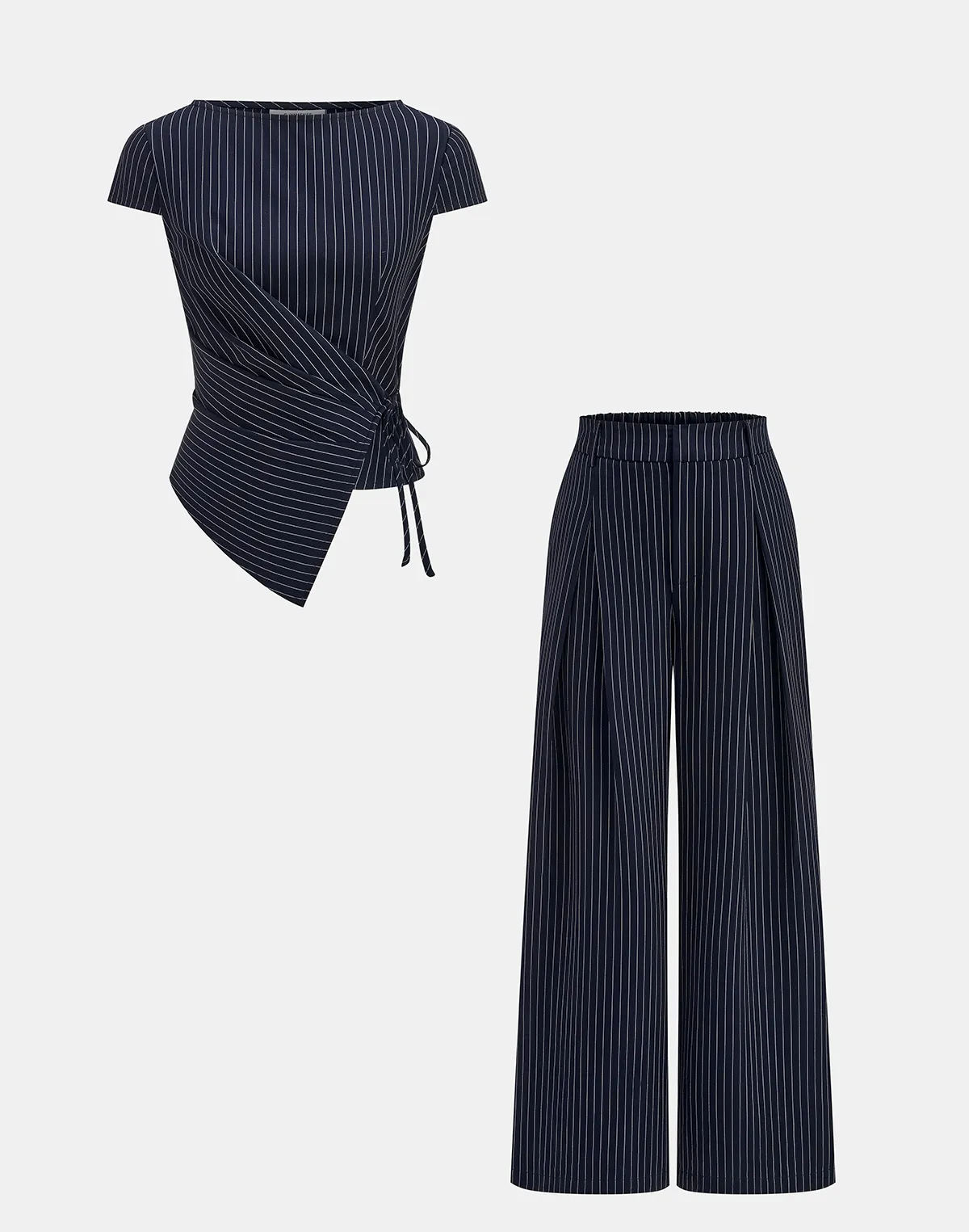 PINSTRIPE WRAP TIE TOP & WIDE-LEG PANTS SET 