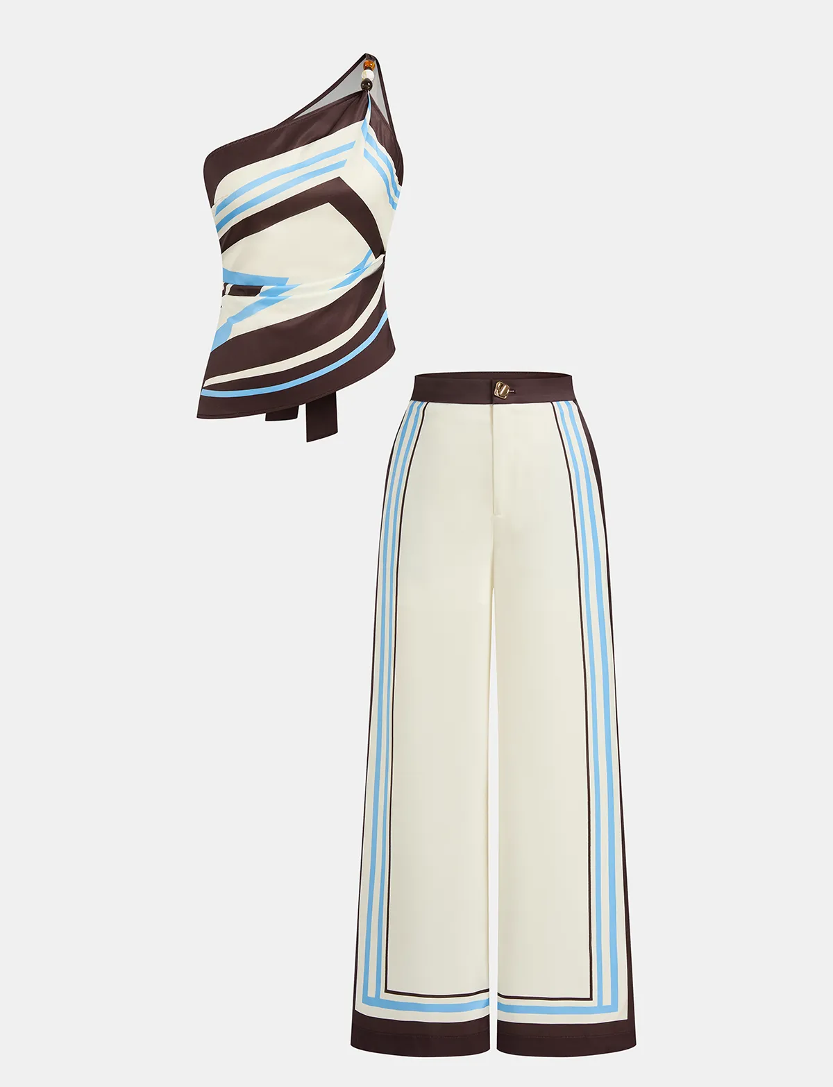 PRINTED ONE SHOULDER SATIN TOP & PANTS SET