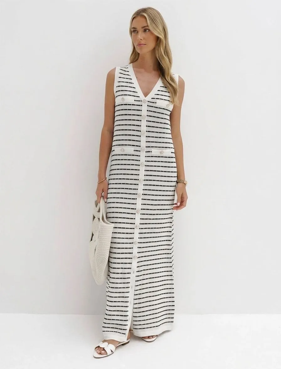 STRIPED METAL BUTTON LONG SWEATER  422073