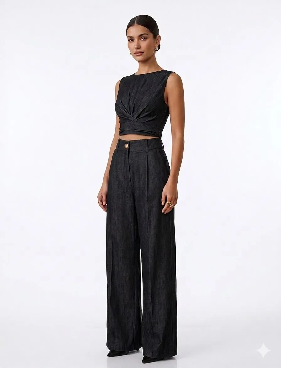 CROSS-TIE CROP TOP & WIDE-LEG PANTS SET 208030
