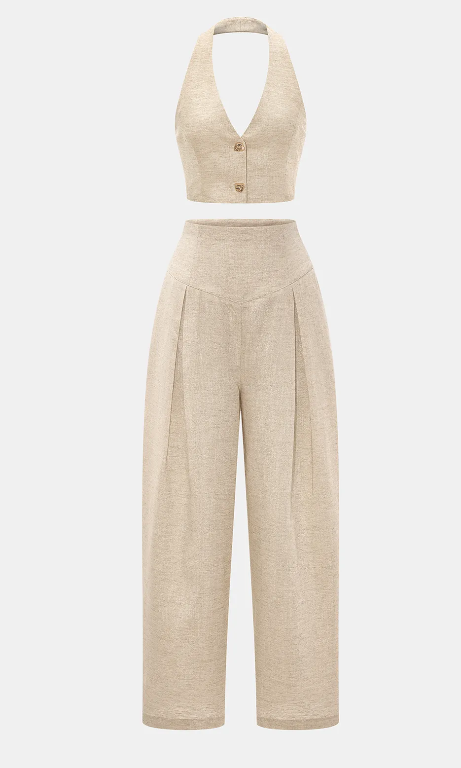 LINEN BLEND HALTER CROP TOP & PANTS SET 