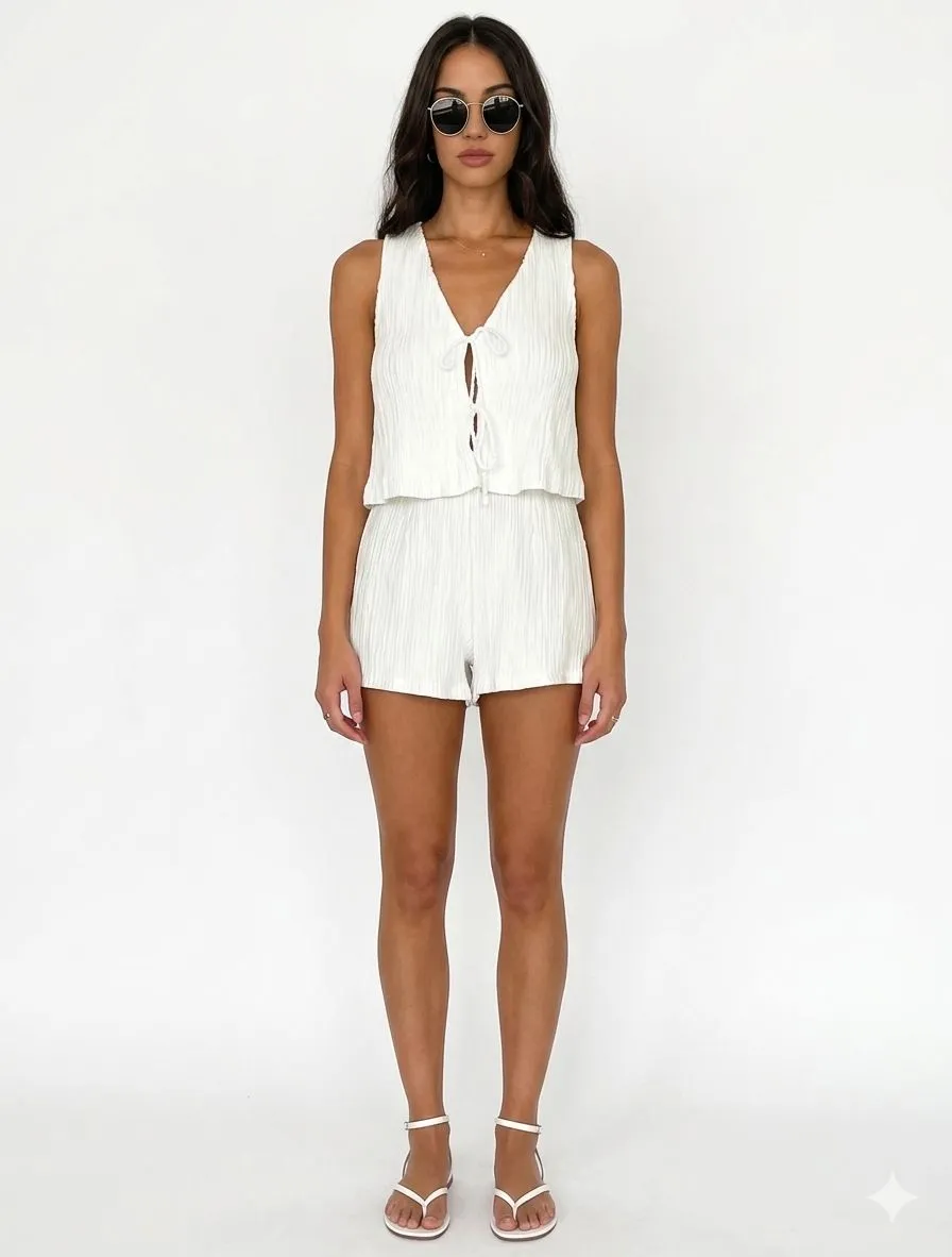 SOLID TIE FRONT VEST WITH SHORTS SET 513076