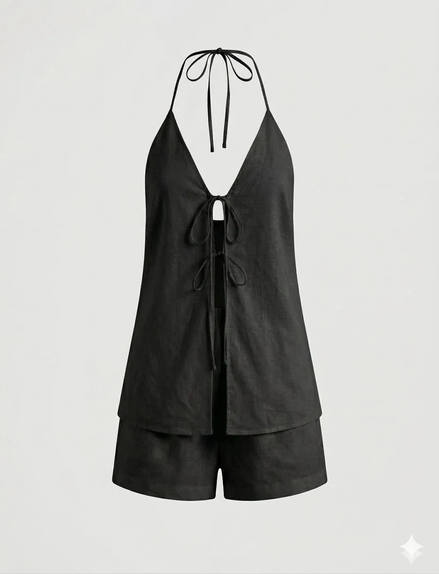 COTTON & LINEN BACKLESS HALTER TOP WITH SHORTS SET 401009