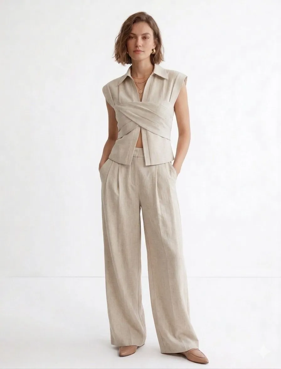 LINEN BLEND CROPPED BLOUSE WITH CROSS WRAP DETAIL 428037