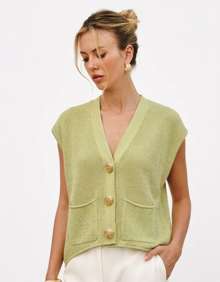 EMBOSSED BUTTON SLEEVELESS KNIT VEST 204144