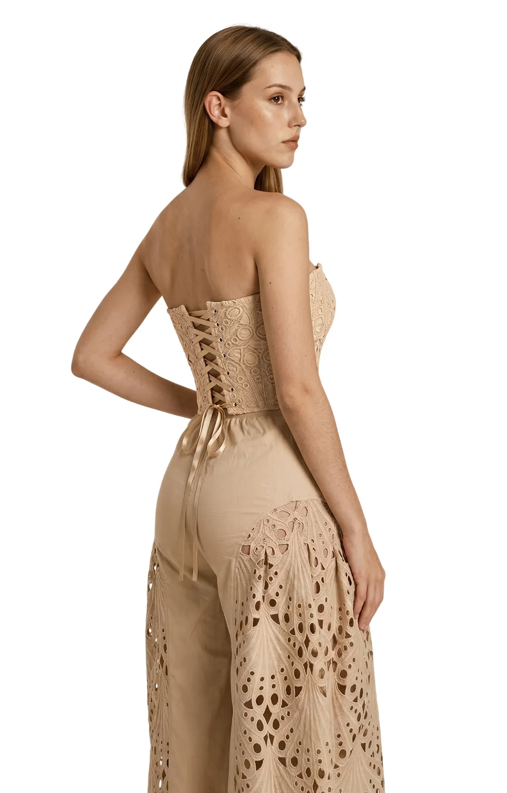 STRAPLESS EYELET TOP & WIDE LEG PANTS SET