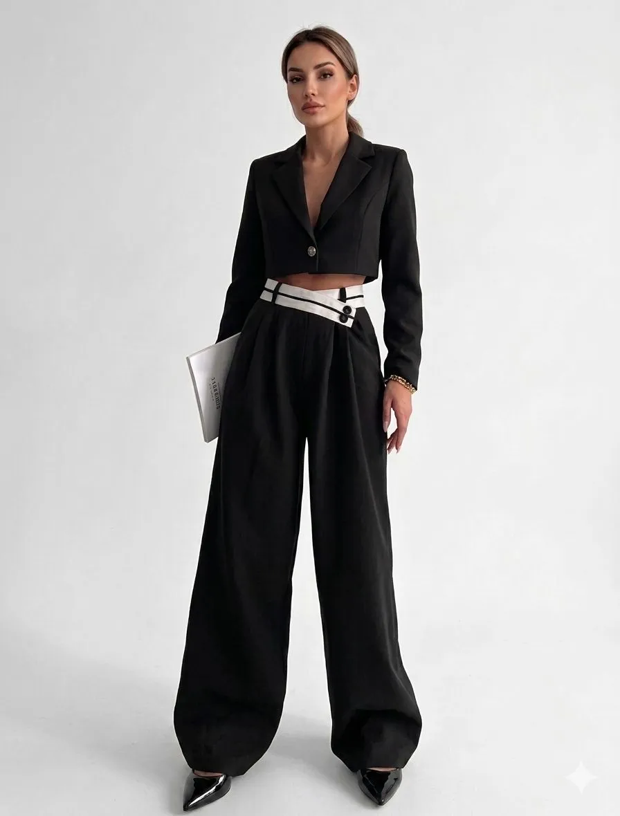 ASYMMETRICAL CONTRAST WAISTBAND WIDE LEG DRESS PANTS 227013
