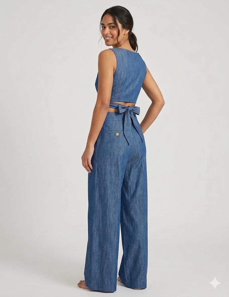 CROSS-TIE CROP TOP & WIDE-LEG PANTS SET 208030