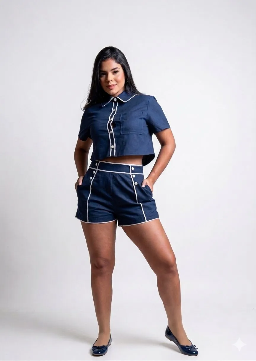 CONTRAST PIPING CROP SHIRT AND SHORTS SET 520071