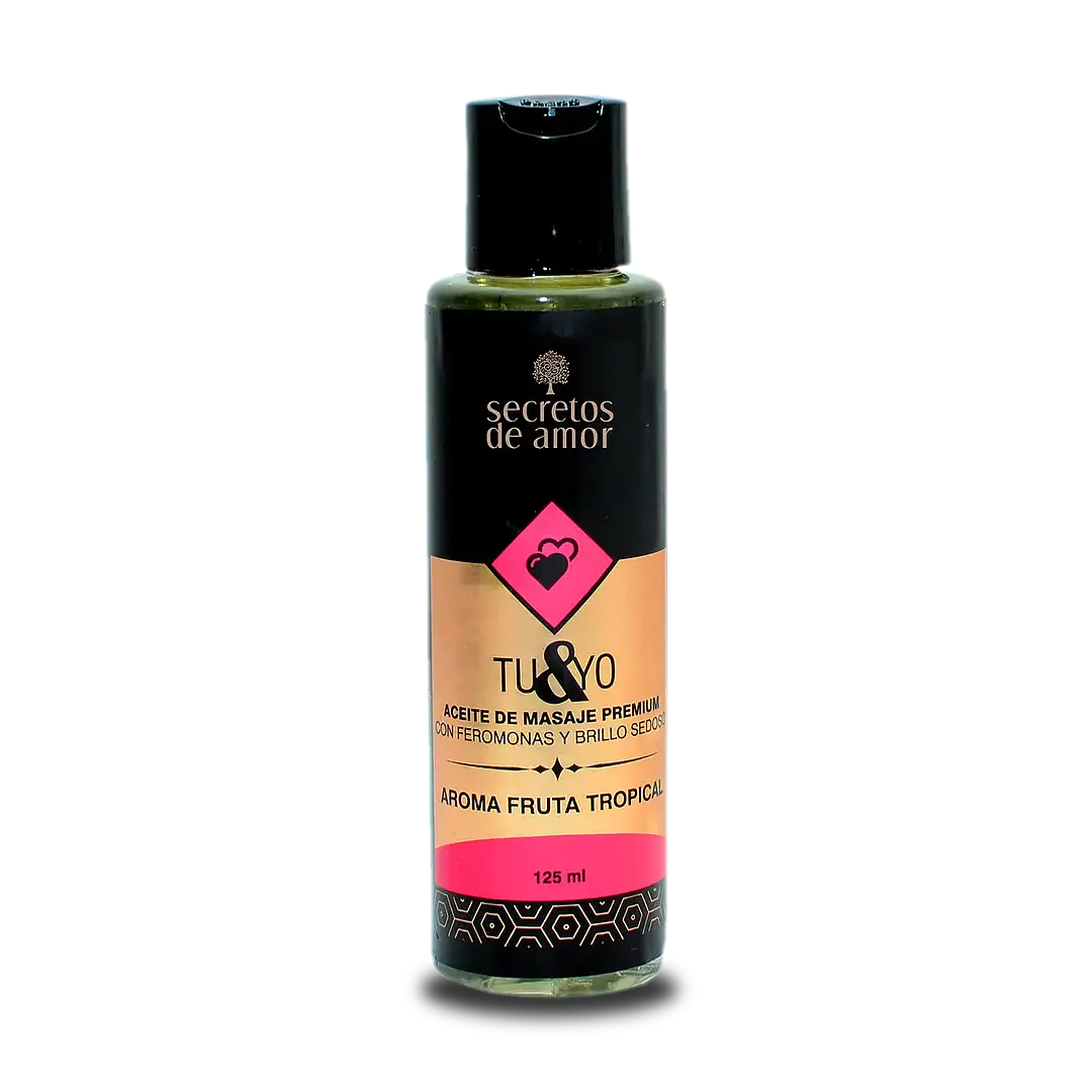 ACEITE PARA MASAJE PREMIUM CON FEROMONAS Y BRILLO SEDOSO AROMA TROPICAL 125 ML - SECRETOS DE AMOR