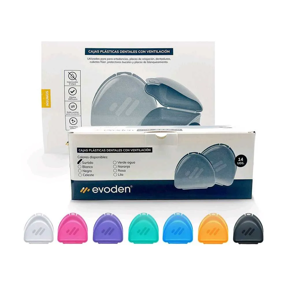 Caja para placas/ortodoncia/dentadura, caja x 14u de color unico o surtido. EVODEN